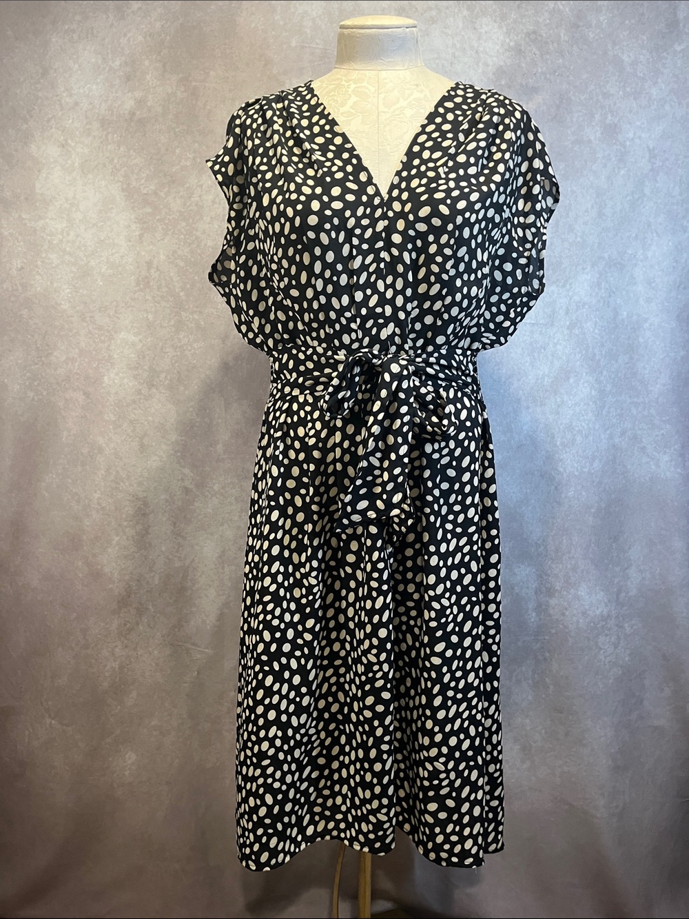 Max Studio Black and White Polka Dot Wrap Midi Dress